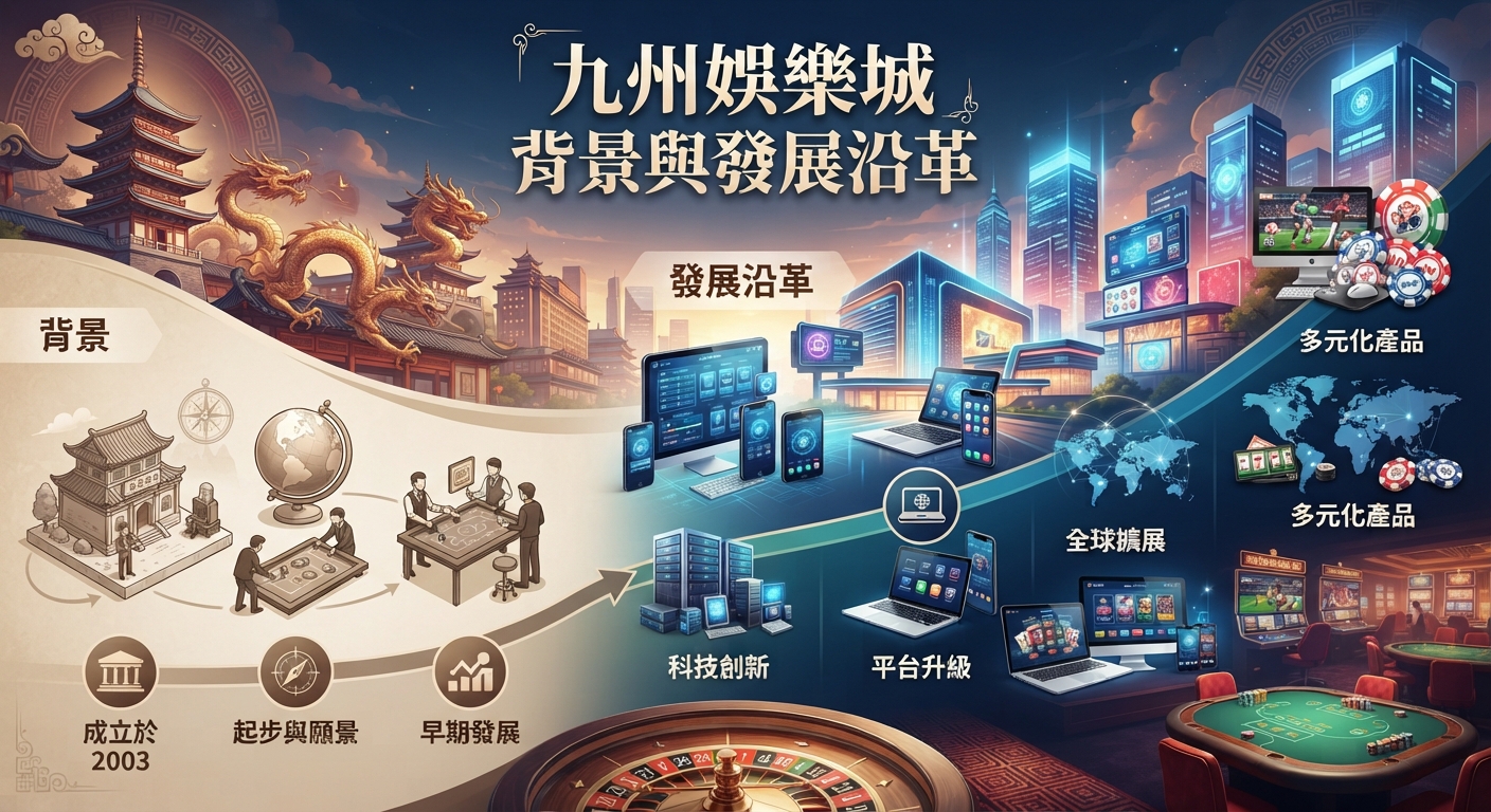 圖片上方醒目地展示了「九州娛樂城背景與發展沿革」的主標題。 畫面結合了古典東方元素與現代科技賭場的視覺設計。