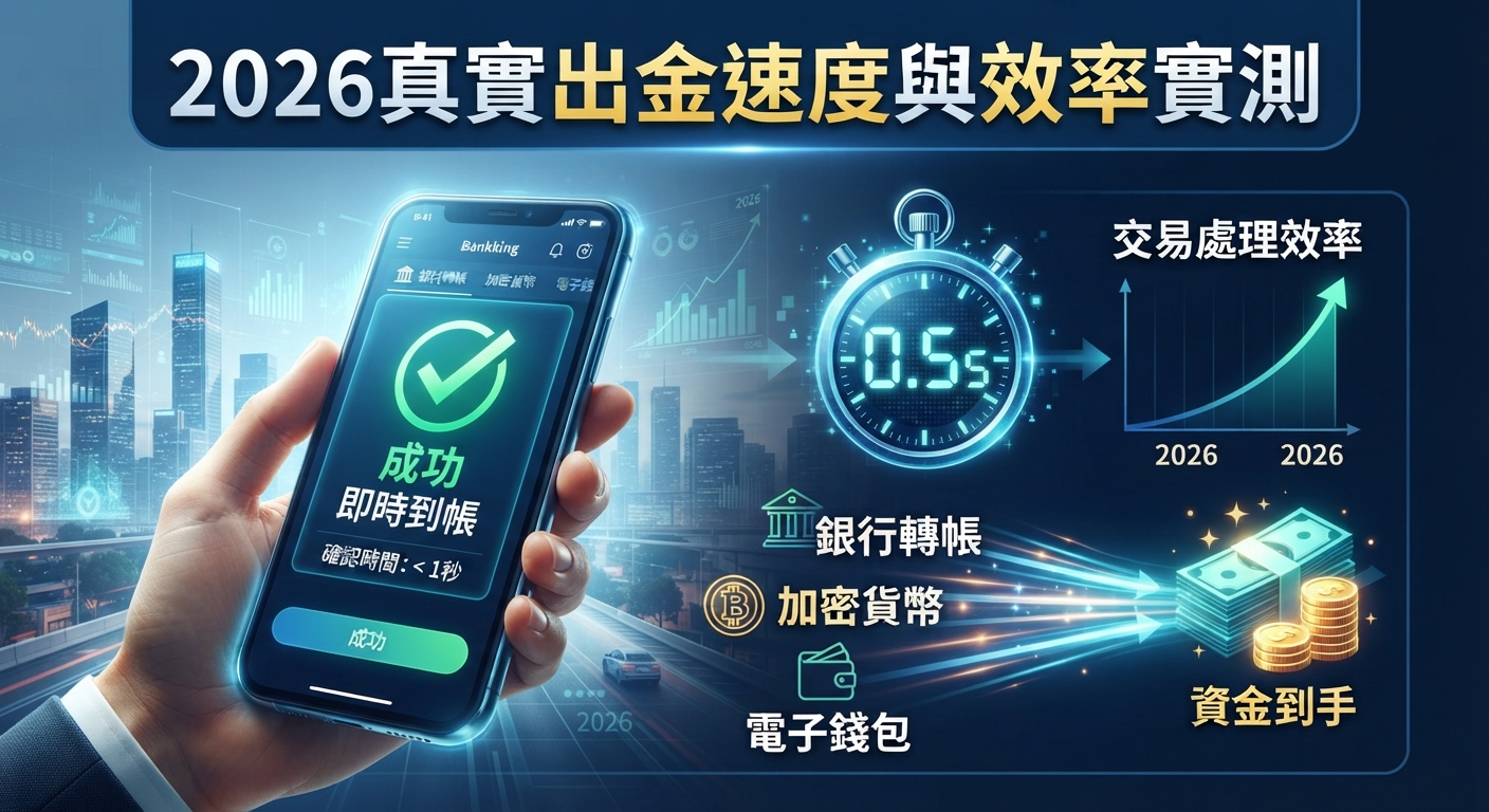 圖片展示了2026年真實出金速度的實測主題,畫面中融合了手機交易成功介面、計時器及資金流向圖。 上方醒目標註著「2026真實出金速度與效率實測」的標題。