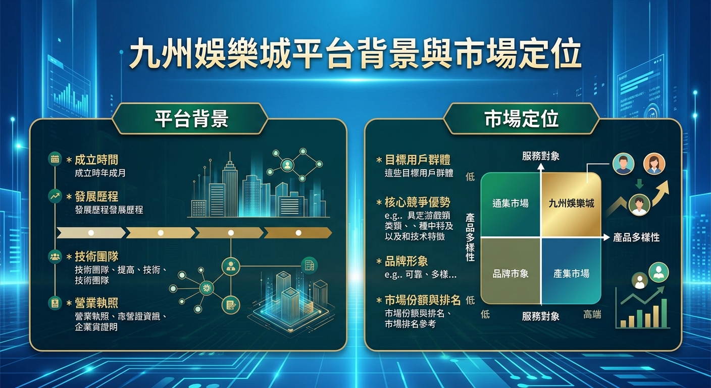 一張以藍色科技感為背景的簡報圖,標題為「九州娛樂城平台背景與市場定位」。 畫面左側列出平台背景與發展歷程,右側則透過圖表分析其市場定位與優勢。