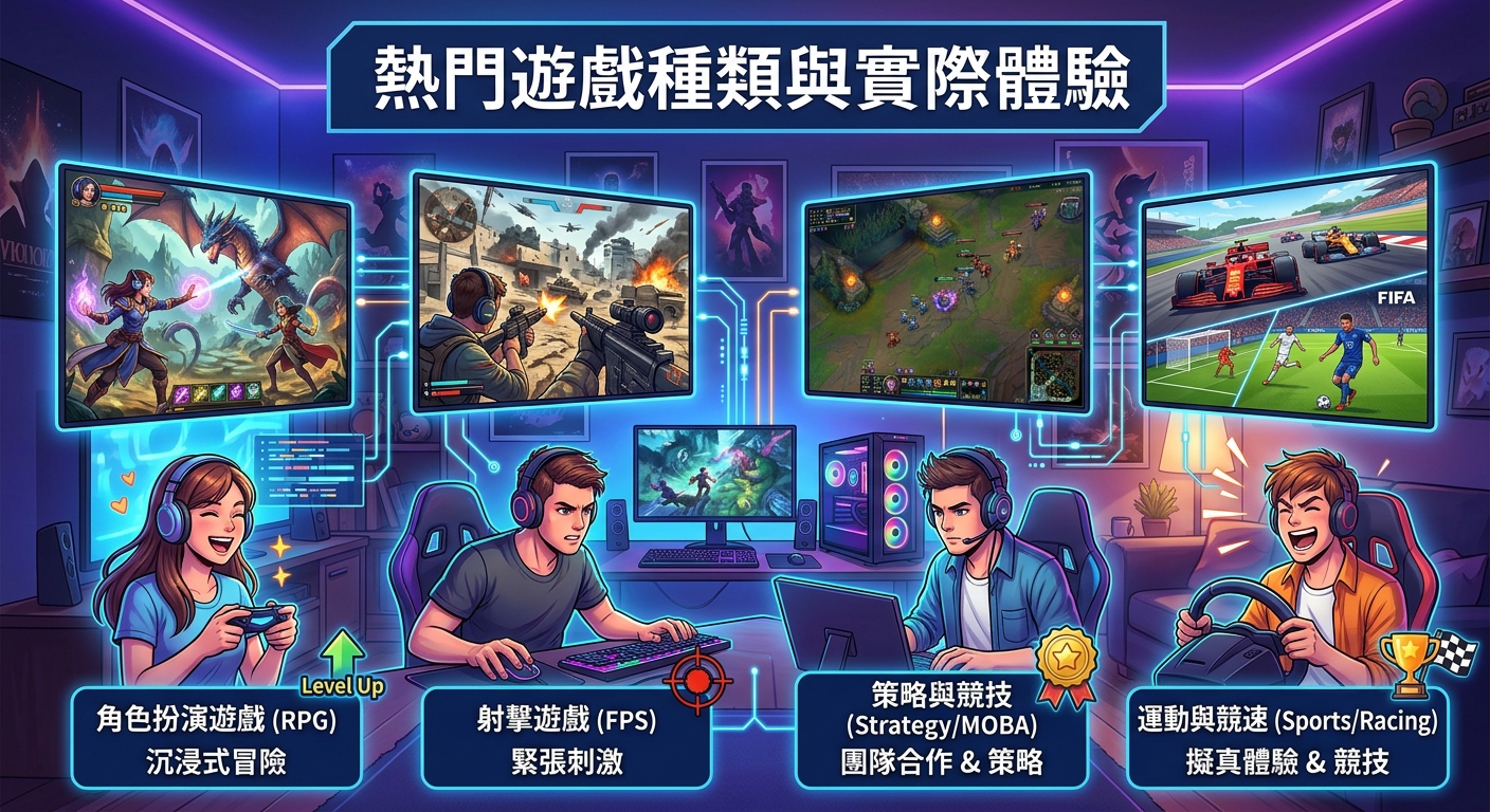 這張圖片展示了四種熱門遊戲類型的玩家與實際體驗,包含角色扮演 (RPG)、射擊遊戲 (FPS)、策略競技 (MOBA) 與運動競速。 整體風格採用亮眼的電競氛圍與科技感霓虹燈光,頂部醒目標示著標題「熱門遊戲種類與實際體驗」。